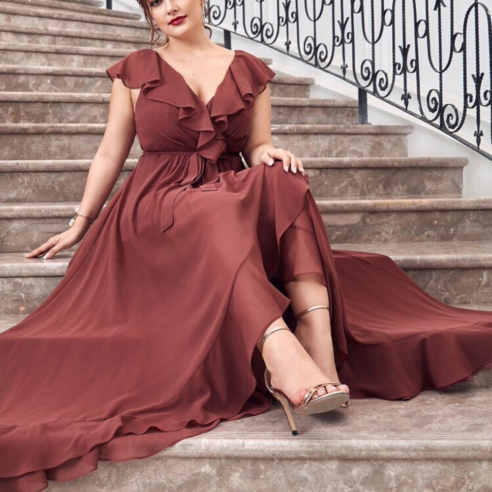 Shein Plus Ruffle Trim Belted Wrap Chiffon Dress